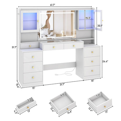 61.7" Large Vanity Desk with Mirror and Lights, Makeup Vanity with Charging Station, Sliding Drawers, 2 Cabinets with Glass Door