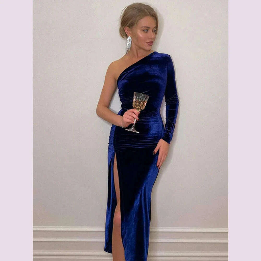 Women Elegant Long Sleeve Party Evening Velvet Bodycon Split Pencil Midi Dress Spring Autumn Clothes