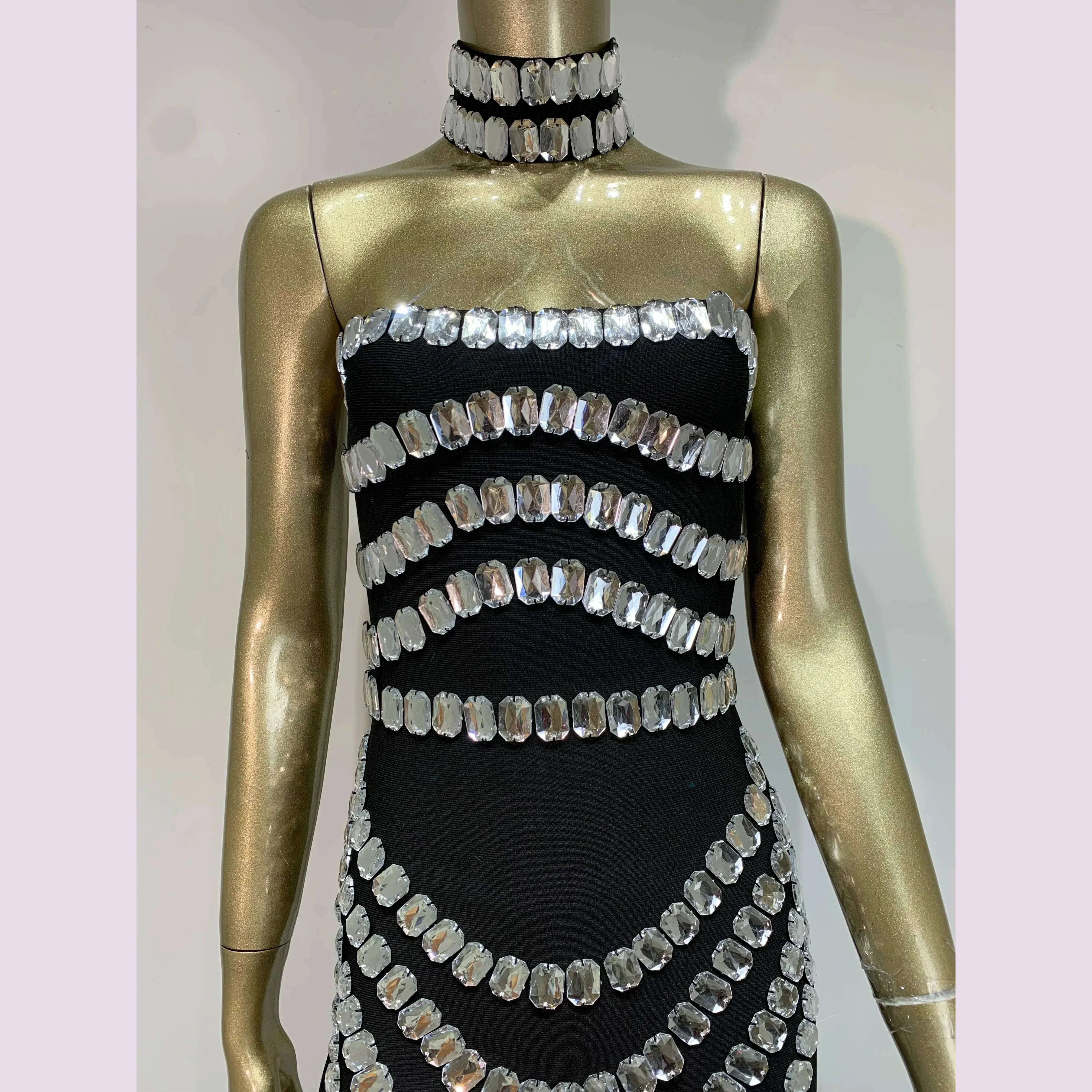 Brand New Ins 2025 Women Black Strapless Crystal Bandage Bodycon Dress Designer Collar Elegant Evening Party Dress Vestido