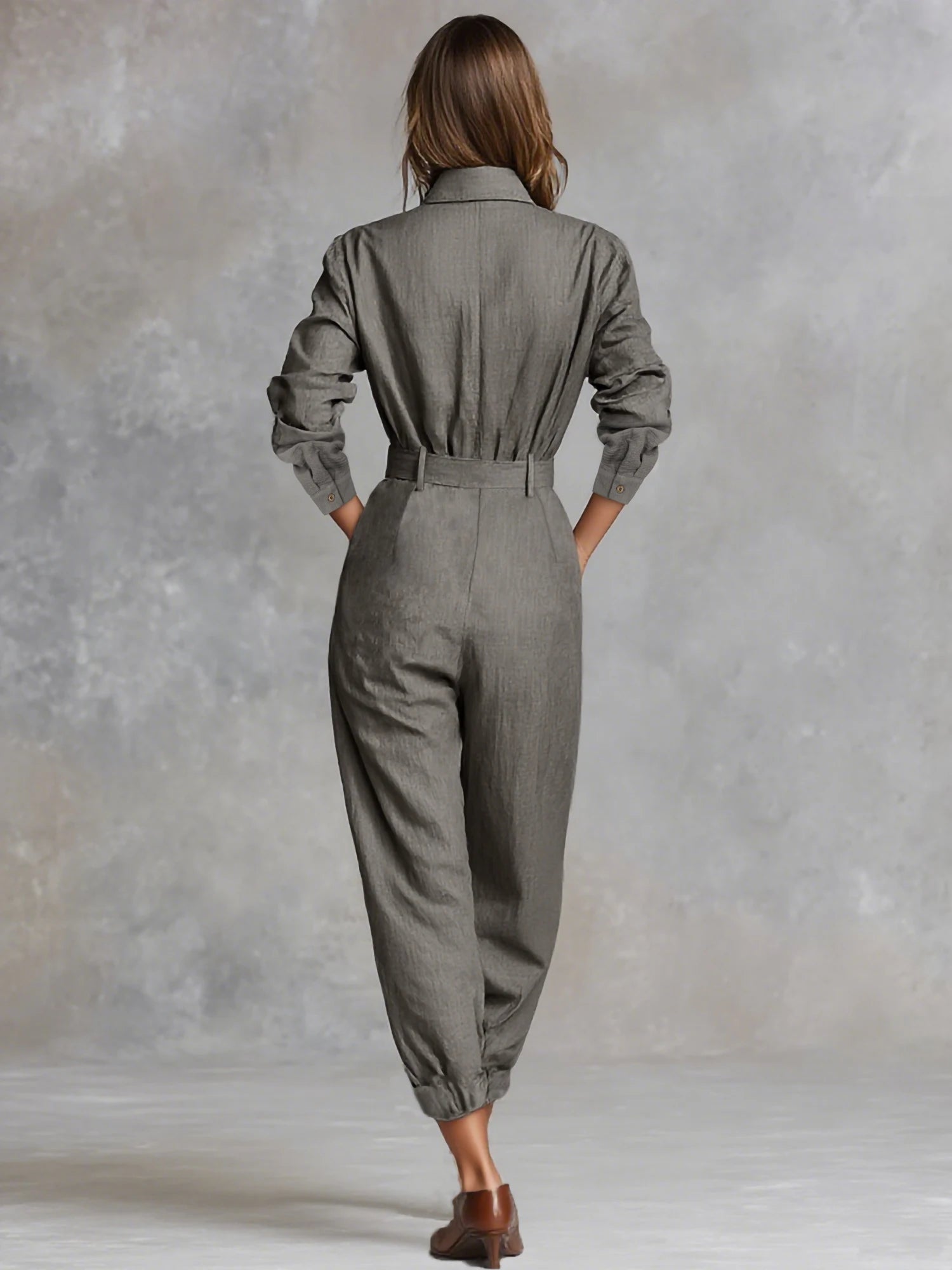 Women's Casual Utility Jumpsuit with Double Belt - Lapel Collar Button Down Long Sleeve Harem Pants One Piece Outfit |...