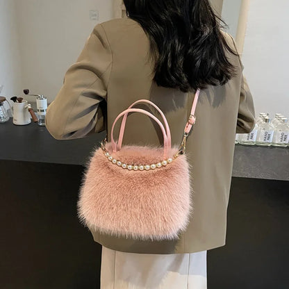 Candy Color Pearl Handle Women's Plush Crossbody Bag Portable Female Furry Handbags Winter Fashion Casual Shoulder Bags