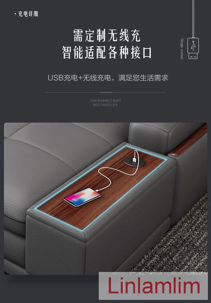 Beautify Your Living Room with Linlamlim Italian Genuine Leather Sofa - Bluetooth Speaker, Adjustable Headrests and USB...