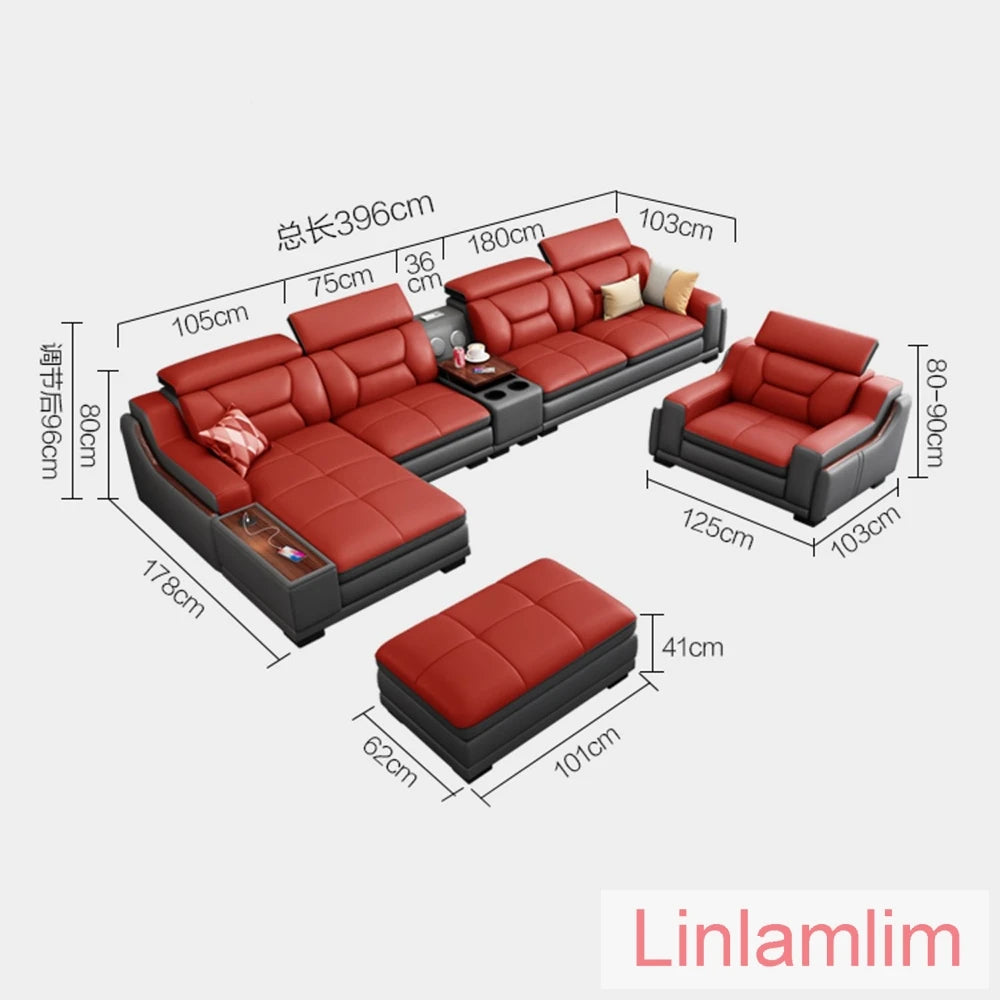 Beautify Your Living Room with Linlamlim Italian Genuine Leather Sofa - Bluetooth Speaker, Adjustable Headrests and USB...