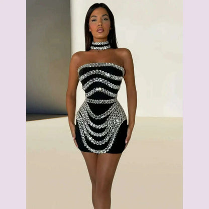 Brand New Ins 2025 Women Black Strapless Crystal Bandage Bodycon Dress Designer Collar Elegant Mini Evening Party Dress Vestido
