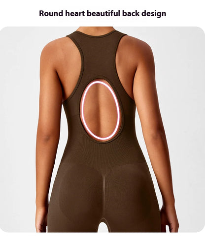 Seamless Peach Booty One-Piece Yoga Bodysuit - V-Back Tummy Control Gym Outfit for Women - Sexy Workout Jumpsuit Fitness Bodycon