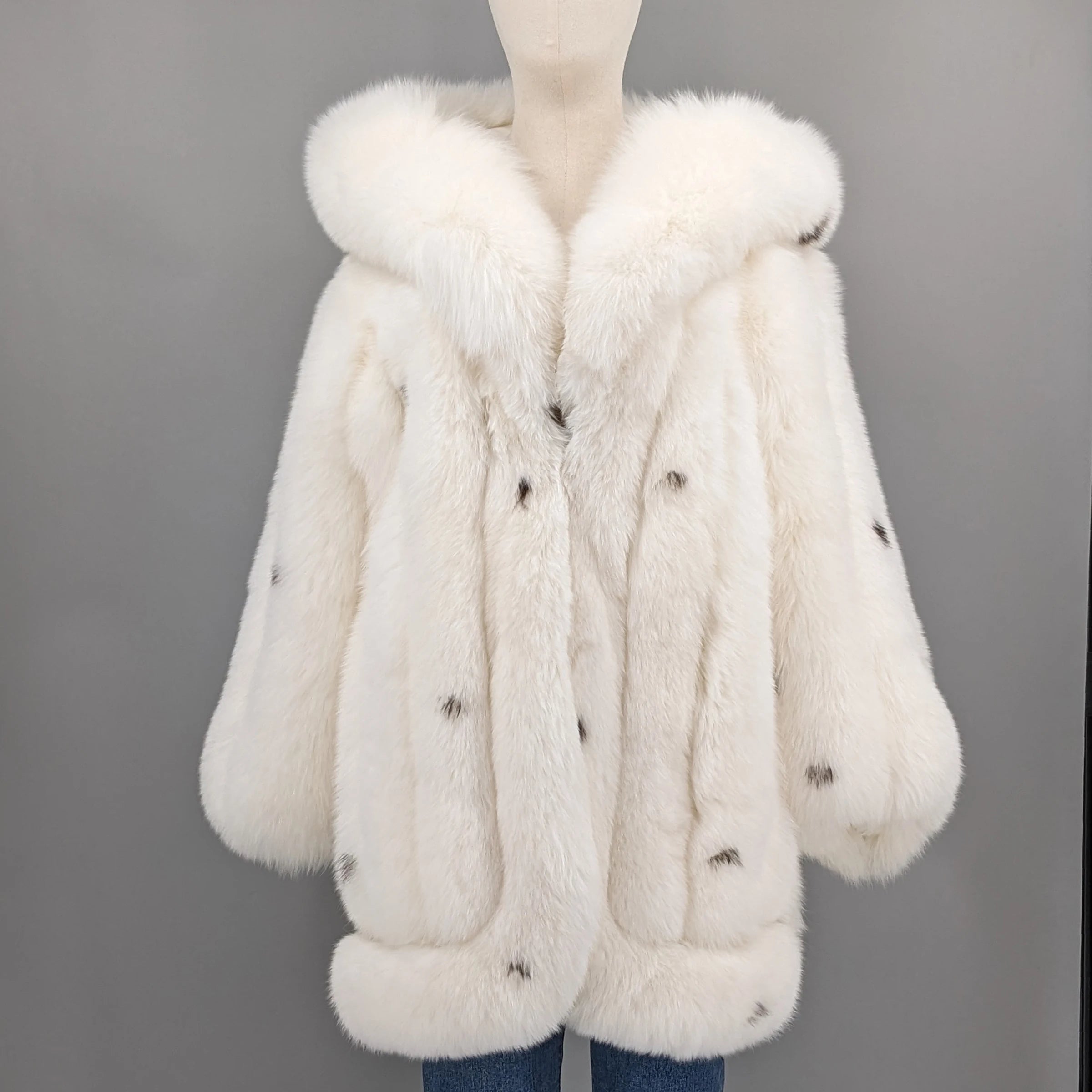 Polka Dot real fox fur coat with hood Mid-length overcoat 250465