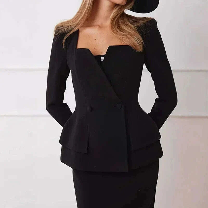 Elegant BlazerCoat Skirt Set Women Double Breasted Square Collar Slim Jacket And Midi Skirts Suits 2 Pieces Office Chic Outfits