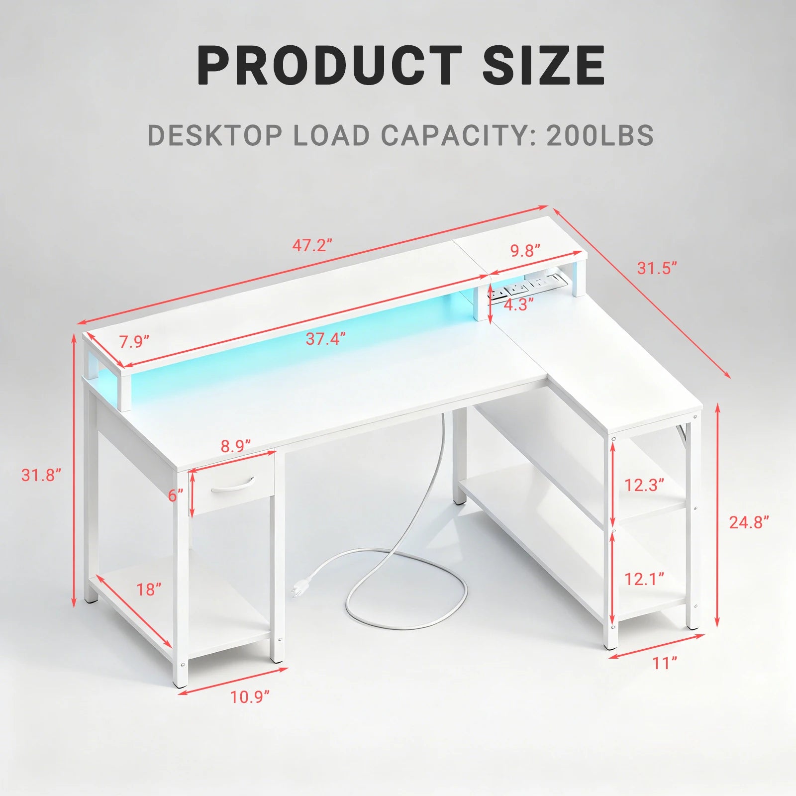 JHK L Shaped Gaming Desk with USB Charging Ports & LED Lights Reversible Desks Computer Gamer Table for Home Office Small Space