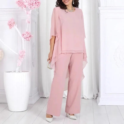 Elegant 2 Pieces Sets Woman's Chiffon Solid Mid-Sleeve Layered ruffled edges Long Top & Straight-leg Trousers Pants Sets Outfits