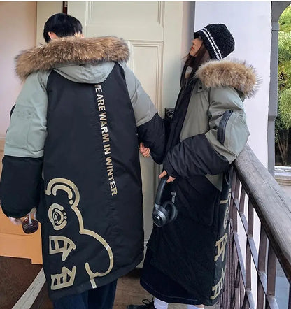 Men's Parkas Hooded Down Jacket Couple Mid-length Over-the-knee Loose Animal Fur Collar Jackets Zipper Pockets Thick Tops Coat