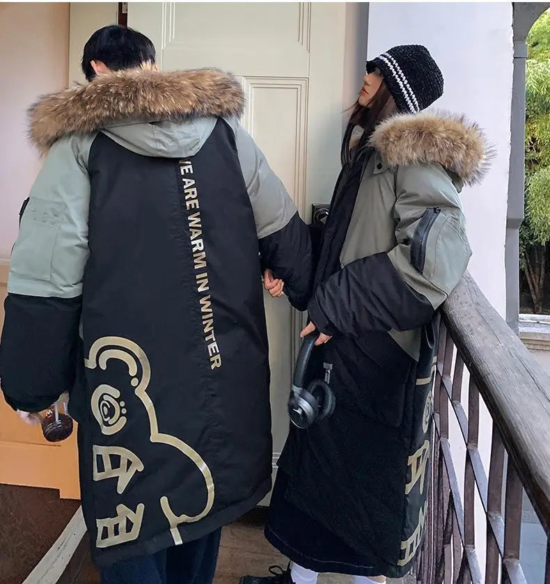 Men's Parkas Hooded Down Jacket Couple Mid-length Over-the-knee Loose Animal Fur Collar Jackets Zipper Pockets Thick Tops Coat