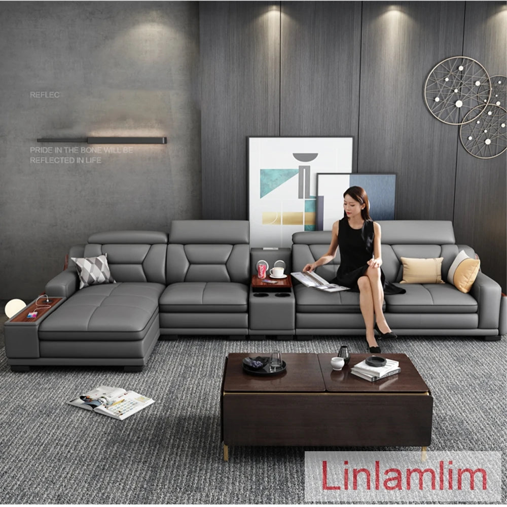 Beautify Your Living Room with Linlamlim Italian Genuine Leather Sofa - Bluetooth Speaker, Adjustable Headrests and USB...