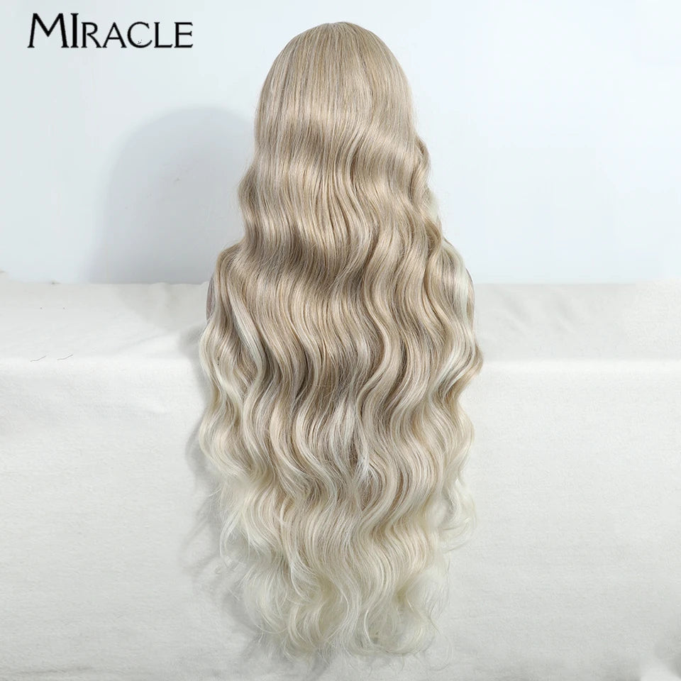 MIRACLE Synthetic 34 Inch Lace Front Wig for Women Ombre Blonde Loose Wave Wigs Famale Cosplay Wig Long Lace Wigs Wavy Fake Hair