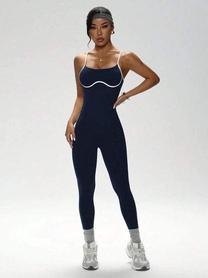 Color blocking camisole jumpsuit, shock-absorbing yoga suit, hollowed out waist, sexy jumpsuit, quick drying sports jumpsuit, ti