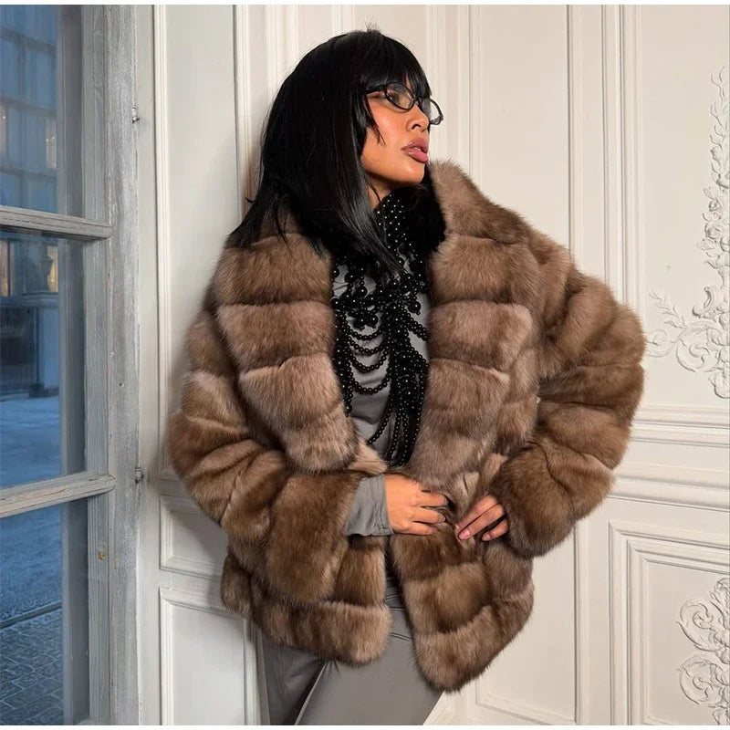 Women Patchwork Faux Fur Coat Elegant Contrast Full Sleeve Lapel Loose Long Staple Plush Jacket Winter High Street Outerwears