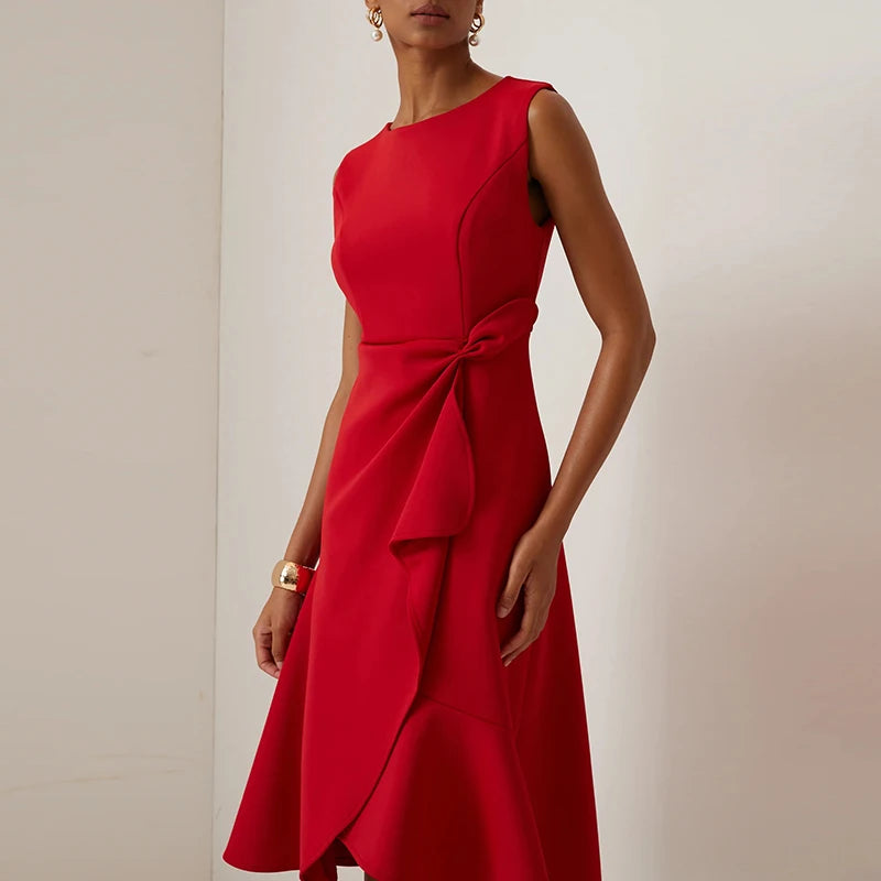 Vestidos Women Elegant O Neck Solid Commute Dress Spring Knot Slim Ruffle Irregular Dress Summer Sleeveless A-Line Party Dresses - Kimlud