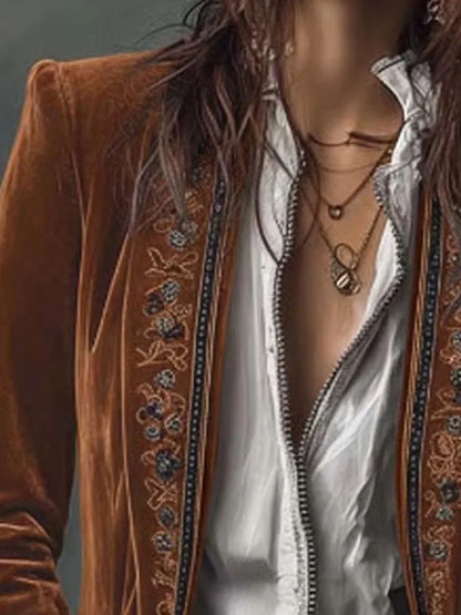 Autumn Causal Long Sleeve Women's Outercoat Winter Elegant Patchwork Lace Velvet Slim Coat Vintage Pattern Print Cardigan Jacket