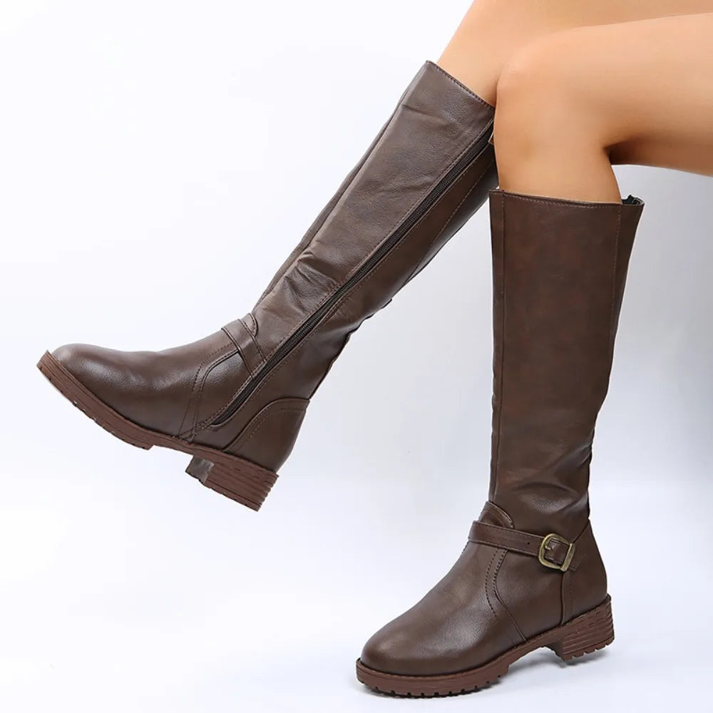 2025 New Women's Spring/Autumn Leather Boots-Knee-High Riding Boots with Zip Low Heel Perfect for Daily Commute& Weekend Outings