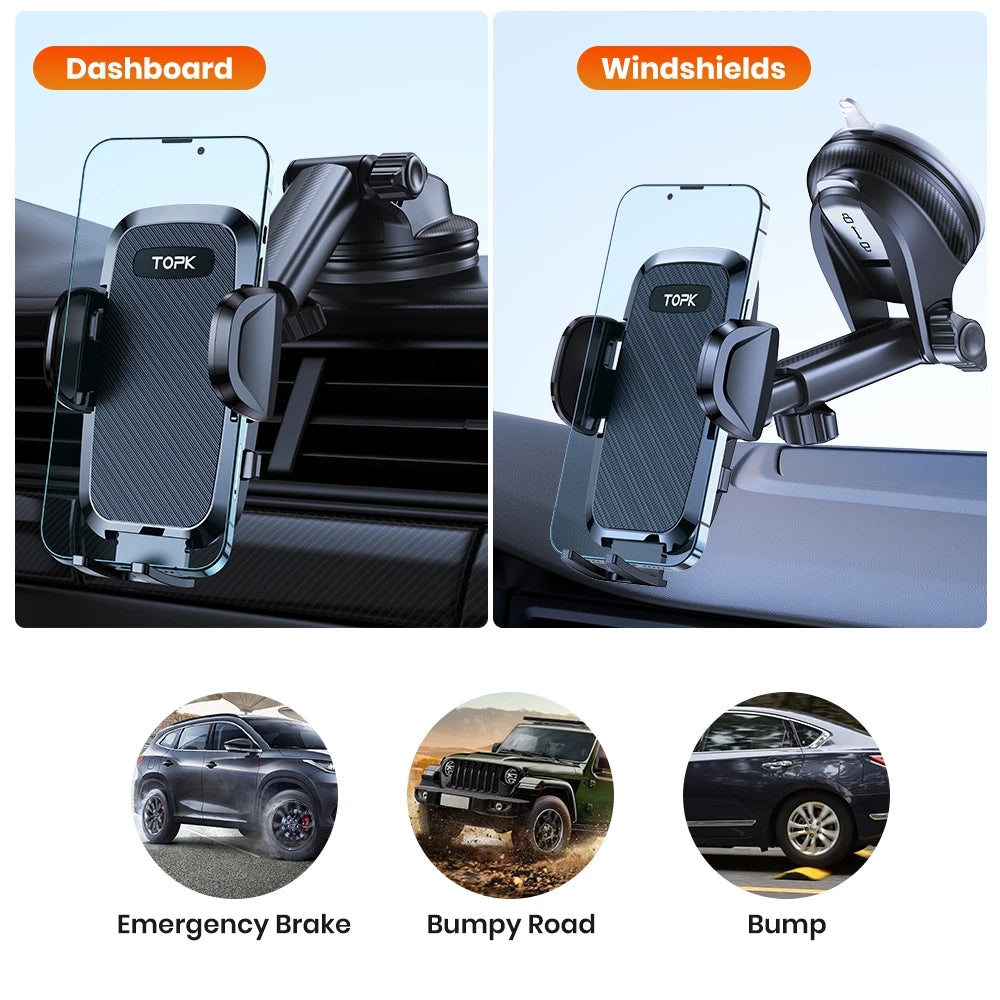 TOPK Car Phone Holder 2 in 1 Car Phone Mount for Car Dashboard/Windscreen One Button Release and 360° Rotation for All Phones