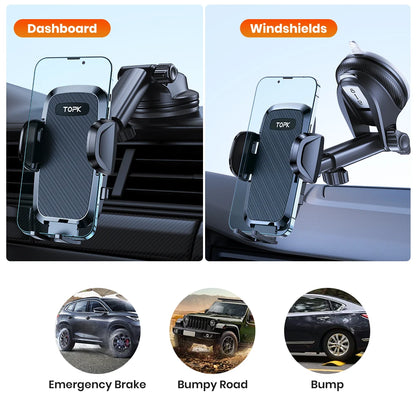 TOPK Car Phone Holder 2 in 1 Car Phone Mount for Car Dashboard/Windscreen One Button Release and 360° Rotation for All Phones