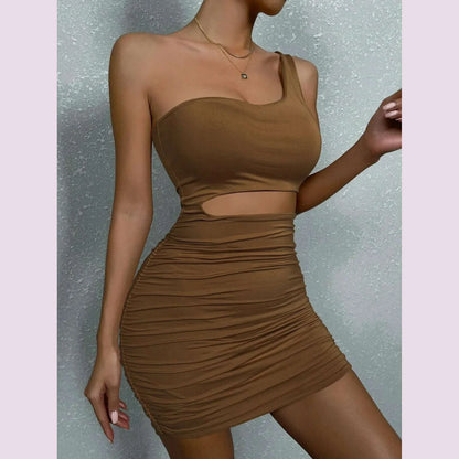 Sexy One Shoulde Backless Bodycon Mini Dress Women's Waist Hollow Out Tight Pleated Wrapping Skirt 2023 New Style