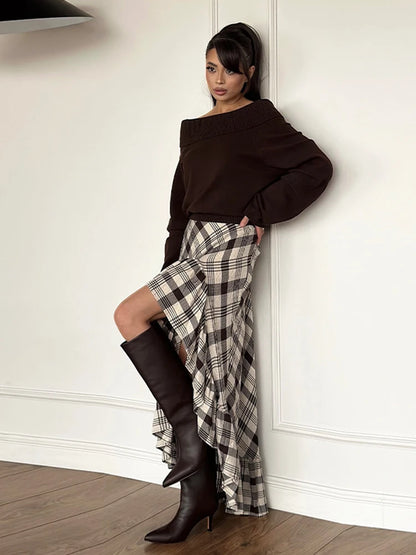 Fashion Black White Plaid Skirt Women Ruff Irregular High Waist Loose Skirts Female Spring New Chic Casual Holiday Streetwear - Kimlud