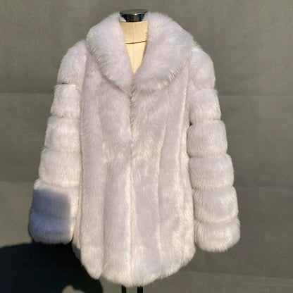 2025 Winter Women's Mid-Length Faux Fox Fur Coat Plush Luxe Warm faux fur Trench Elegant Thermal Outerwear Faux Fur Tops