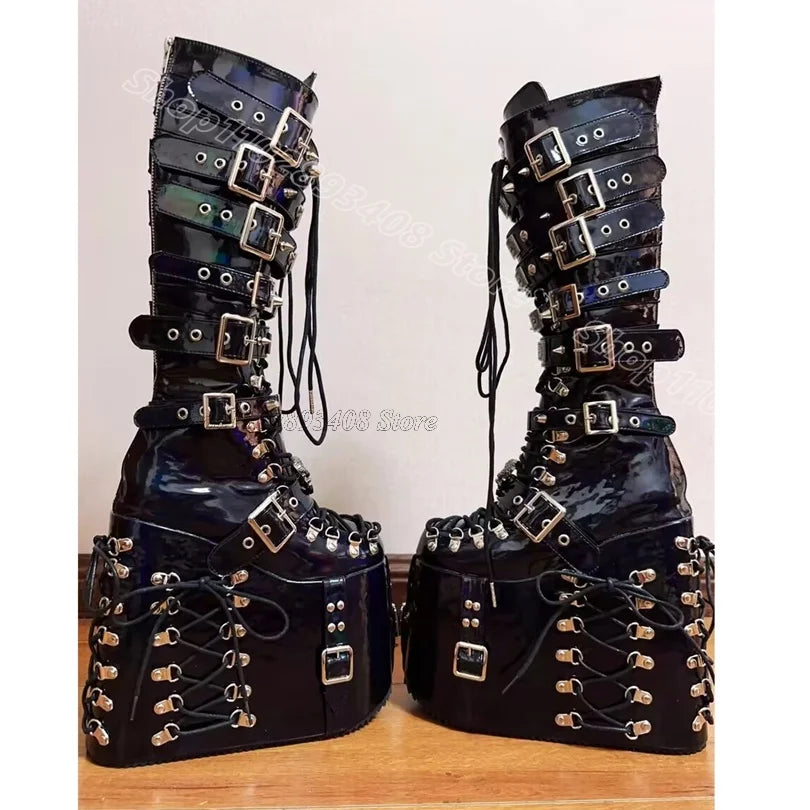Black High Platform Belt Buckle Boots Round Toe Solid Punk Style for Women Spring Party Lace up Boots 2025 Zapatos Para Mujere
