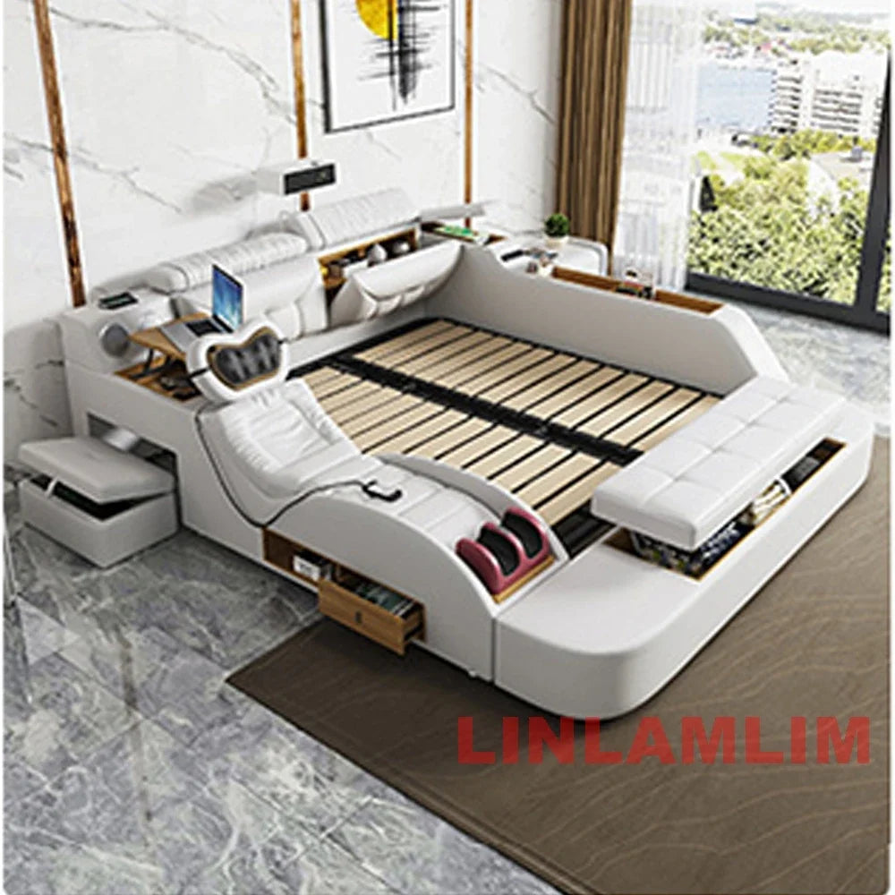 MINGDIBAO Modern MULTIFUNCTIONAL Tech SMART BED 2 People | FUTURISTIC FURNITURE | Ultimate Massage Tatami Genuine Leather Beds