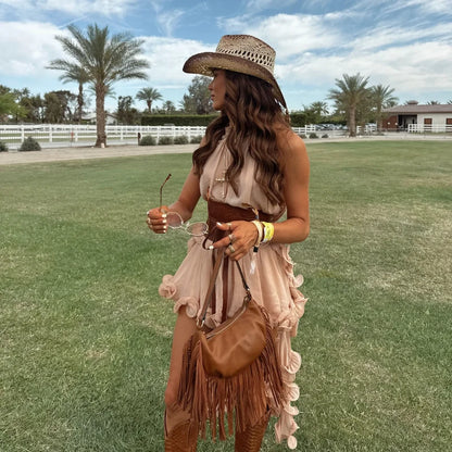 Sexy Ruffles Hem Top Skirt Sets Two Pieces Vintage Sweet Sleeveless Lace Up Crop Tops Low Waist Skirt Summer Lady Clothes Sets