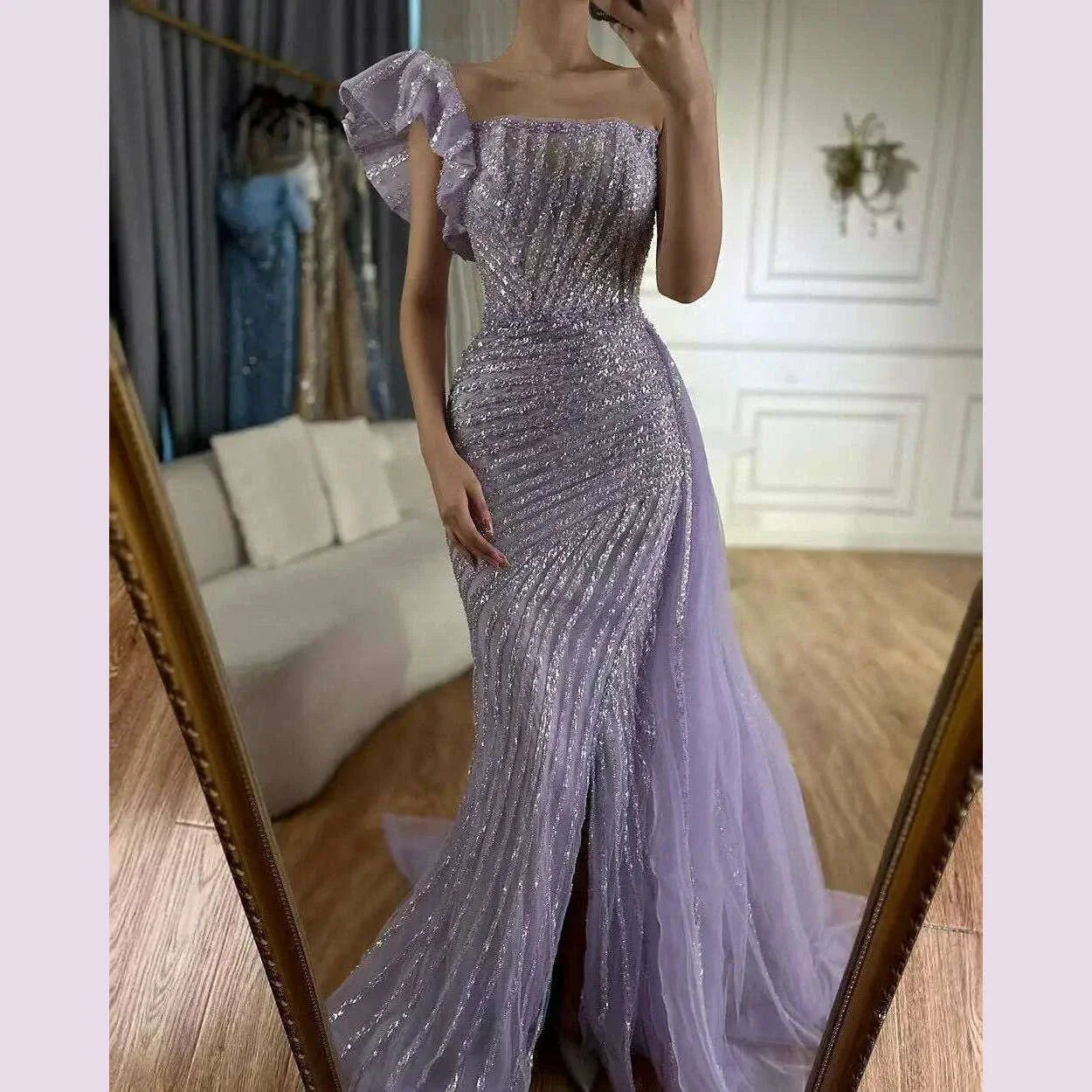 SERENE HILL Customized Lilac Luxury Beaded Mermaid Evening Dress 2025 Arabic Sexy Slit Women Occasion Party Gown CLA72277