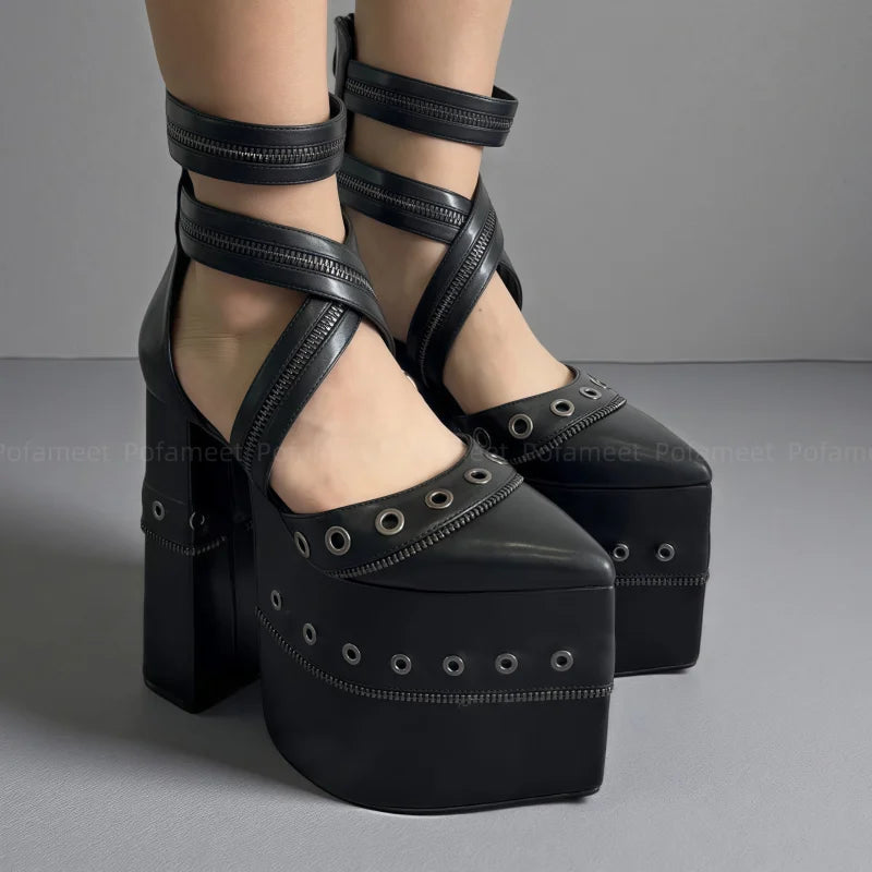 Sexy Women Mary Janes Chunky Heel Pumps Platform Shoes Pointed Toe Ankle Cross Strap Chain Decor Dress Shoes High Heel Sandals
