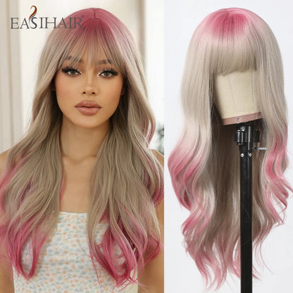 EASIHAIR Sandy Blonde Golden Wavy Synthetic Wigs with Long Bangs Cosplay Lolita Party Hair Wigs for Women Natural Heat Resistant