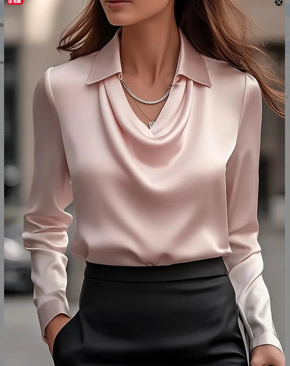 Elegant Women's Satin Shirt Blouse New Print V-neck Swing Neck Long-sleeved Solid Color Loose Shirt Casual Top Office Ladies