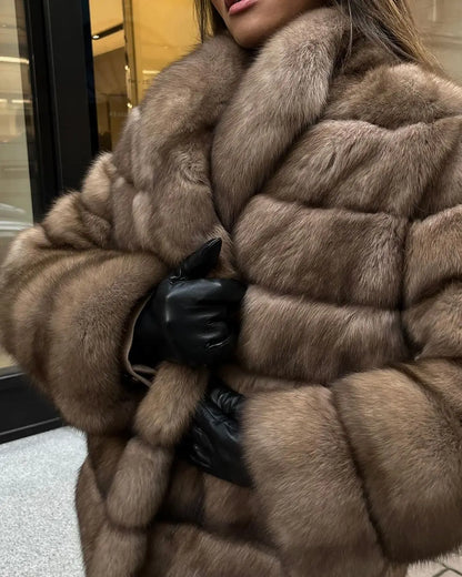 Solid Patchwork Faux Fur Coat Women Full Sleeve Lapel Loose Long Staple Plush Jacket Lady 2025 New Winter Fashion Street Outwear