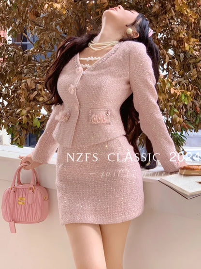 2024 autumn NEW Two Piece Set For Women Jacket Coat + short Skirt 2 piece sets women outfit conjuntos femininos elegantes