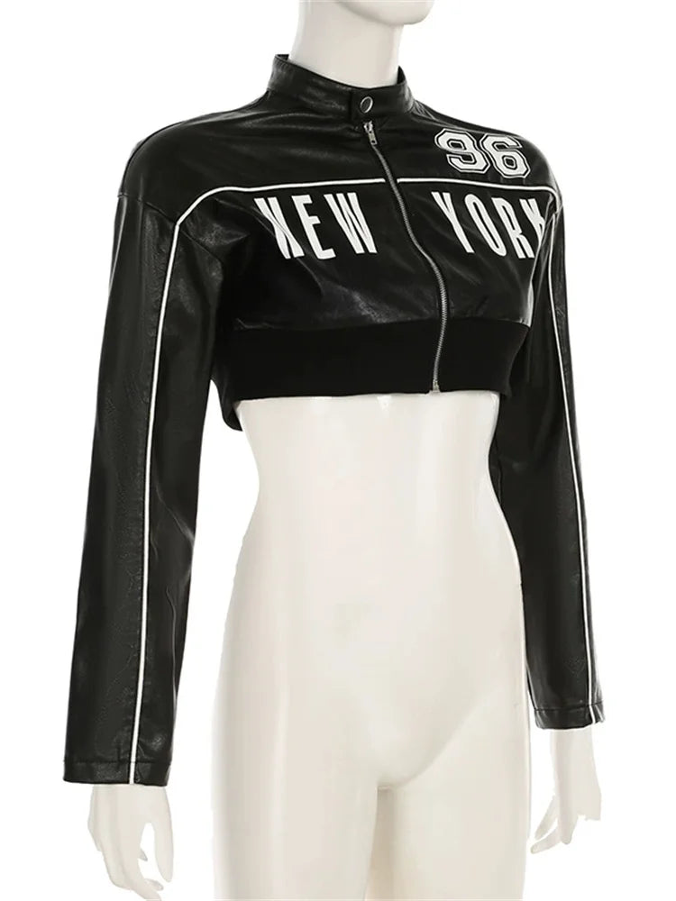 Weird Puss PU Patchwork Women Jacket Letter Print Hipster Button Zip Full Sleeve Trend Cool Street  Spring Outwear Crop Coat