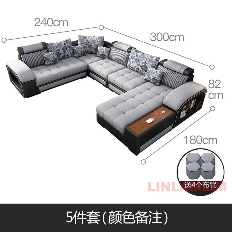 Linlamlim U-Shaped Sectional Fabric Sofa Set - Modern Living Room Furniture with Storage, Built-in Side Table, USB, and...