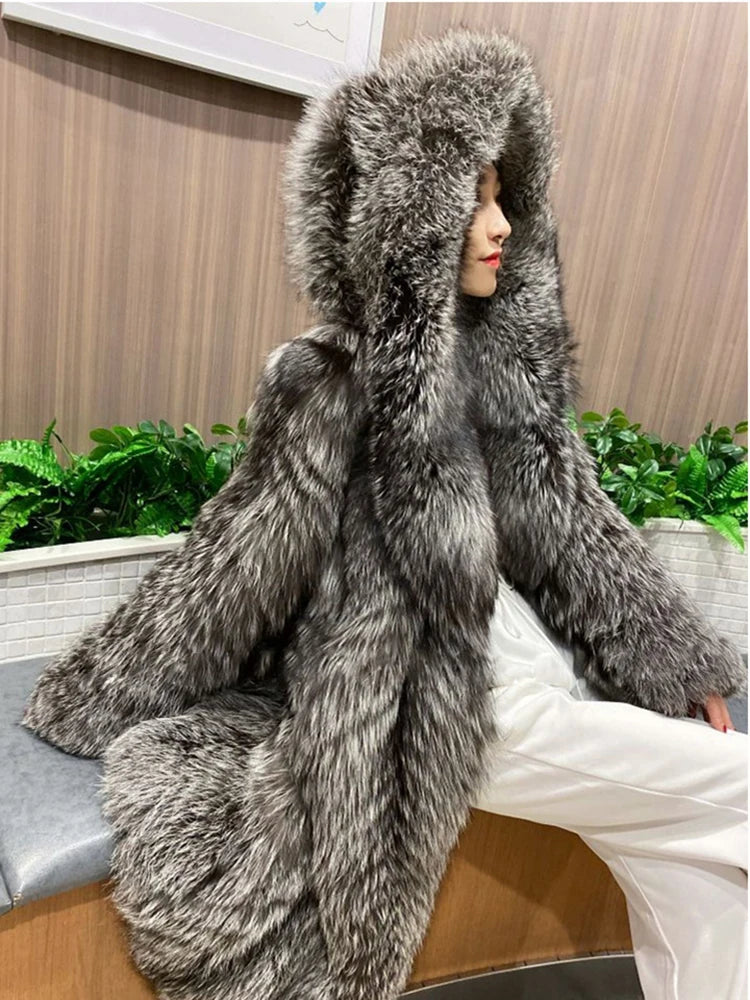DEAT Fashion Silver Fox Over-knee-length Faux Fur Coat Women's Hooded Loose Plush Jacket Winter New  7A2292