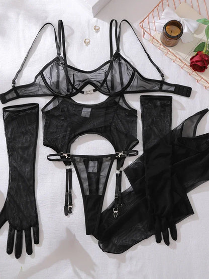 Women Transparent Bra Set Hot Erotic Sexy Costumes Solid Color Underwear Seamless Bra Thong Garters Sexy Lingerie Sets