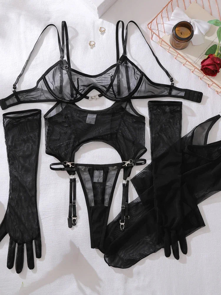 Women Transparent Bra Set Hot Erotic Sexy Costumes Solid Color Underwear Seamless Bra Thong Garters Sexy Lingerie Sets