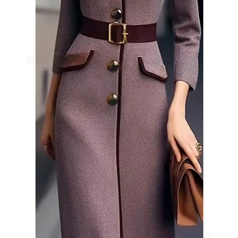 Autumn Winter Elegant Office Lady Woolen Dress Robe Women Lapel Single Breasted Patchwork Dresses Party Long Dress With Brooch