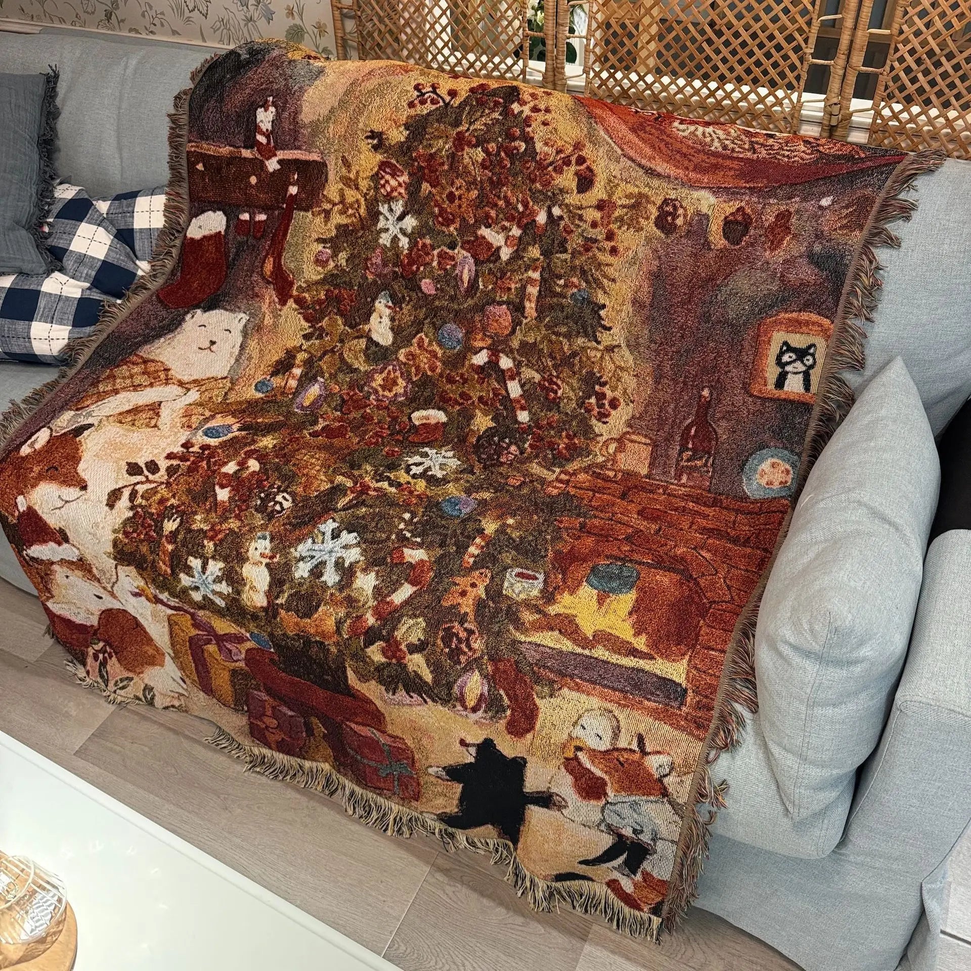 Retro Village Sofa Blanket Cotton Thread Throw Christmas Living Room Leisure Sofa Cover Winter Knitted New Years Gifts Blankets