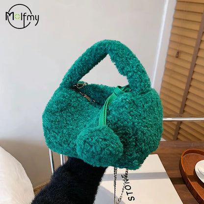 Handbag Women Faux Fur Plush Women's Bags Lady Shoulder Crossbody Bag Casual Tote Half-Moon Hobos Winter Bags for Women 2025 New