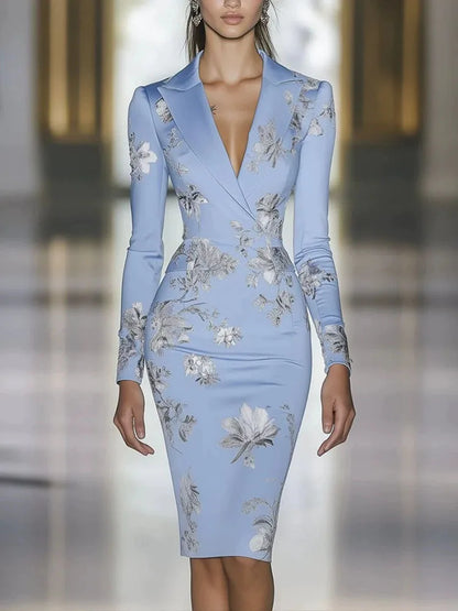 Elegant Luxury Floral Print Bodycon Midi Dress Retros V-neck Long Sleeve Fit Banquet Dress Temperament High Waist Wrap Hip Dress