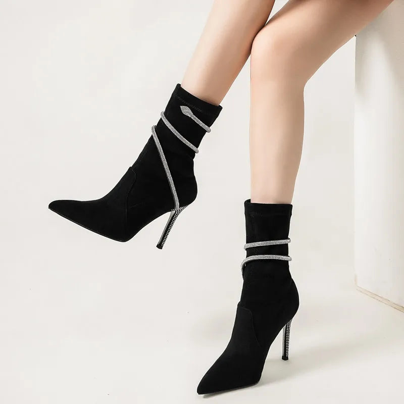 Autumn Winter Fashion Faux Suede Snake Coiled Women Boots Luxury Crystal Stiletto High heels Ankle Boots Shoes Botas Mujer