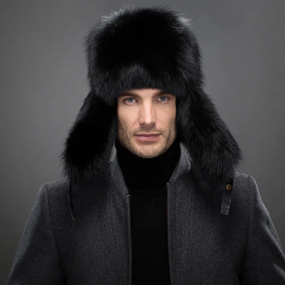 New Winter Men's 100% Real Silver Fox Fur Bomber Hat Raccoon Fur Ushanka Cap Trapper Russian Man Ski Hats Caps Real Leather Top