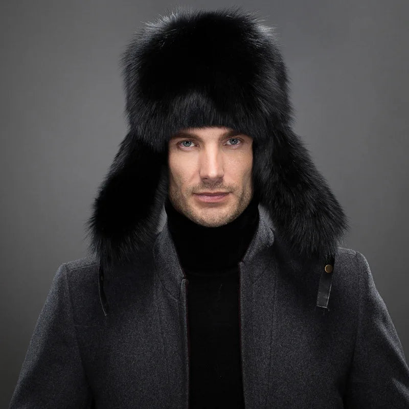 New Winter Men's 100% Real Silver Fox Fur Bomber Hat Raccoon Fur Ushanka Cap Trapper Russian Man Ski Hats Caps Real Leather Top
