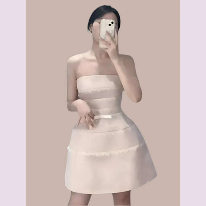 DEAT Sexy Lace Bow Spliced Solid Color Strapless Backless Sleeveless High Waist Women's Mini Dress 2025 Spring New Tide 15DZ504