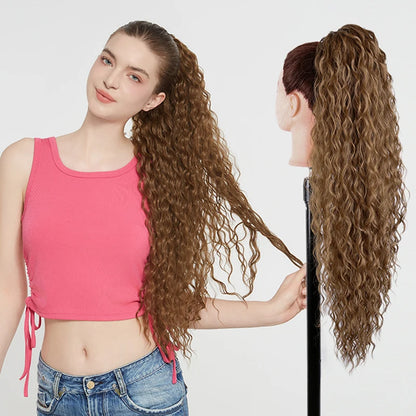 Julianna Synthetic Kanekalon Black Drawstring Water Wave Ponytail Extension Female Curly Wavy Clip In Ponytail Hair Extension